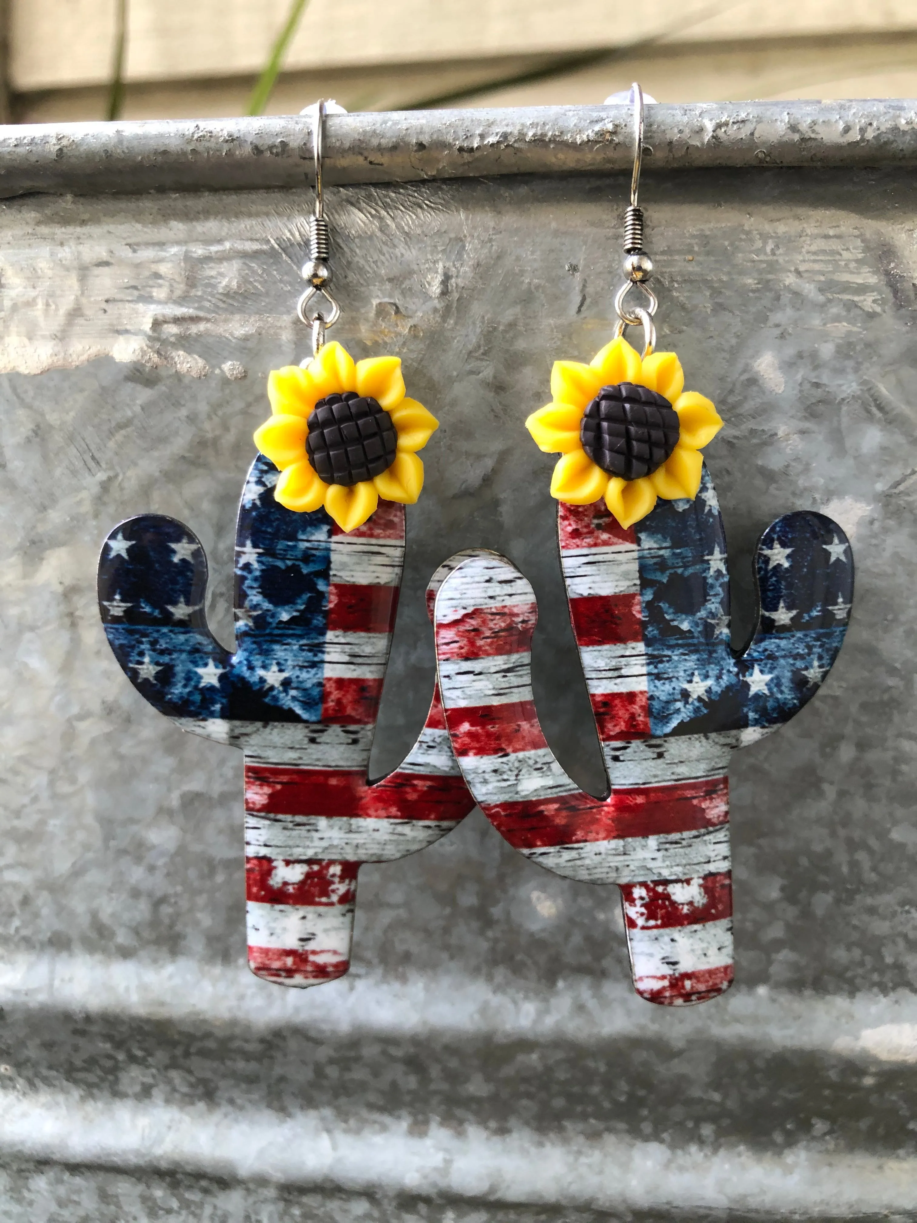 American Flag and Sunflower Metal Earrings