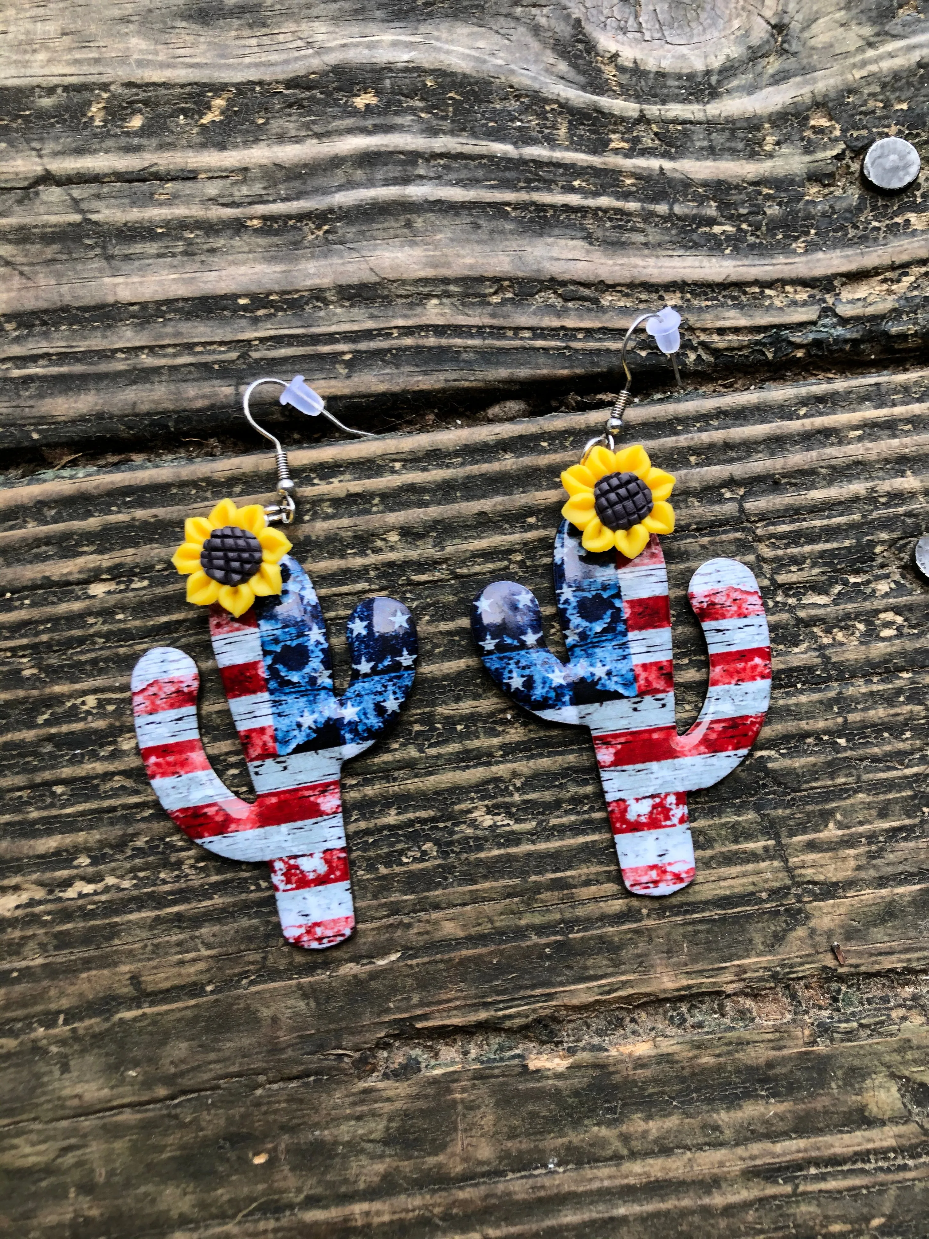 American Flag and Sunflower Metal Earrings