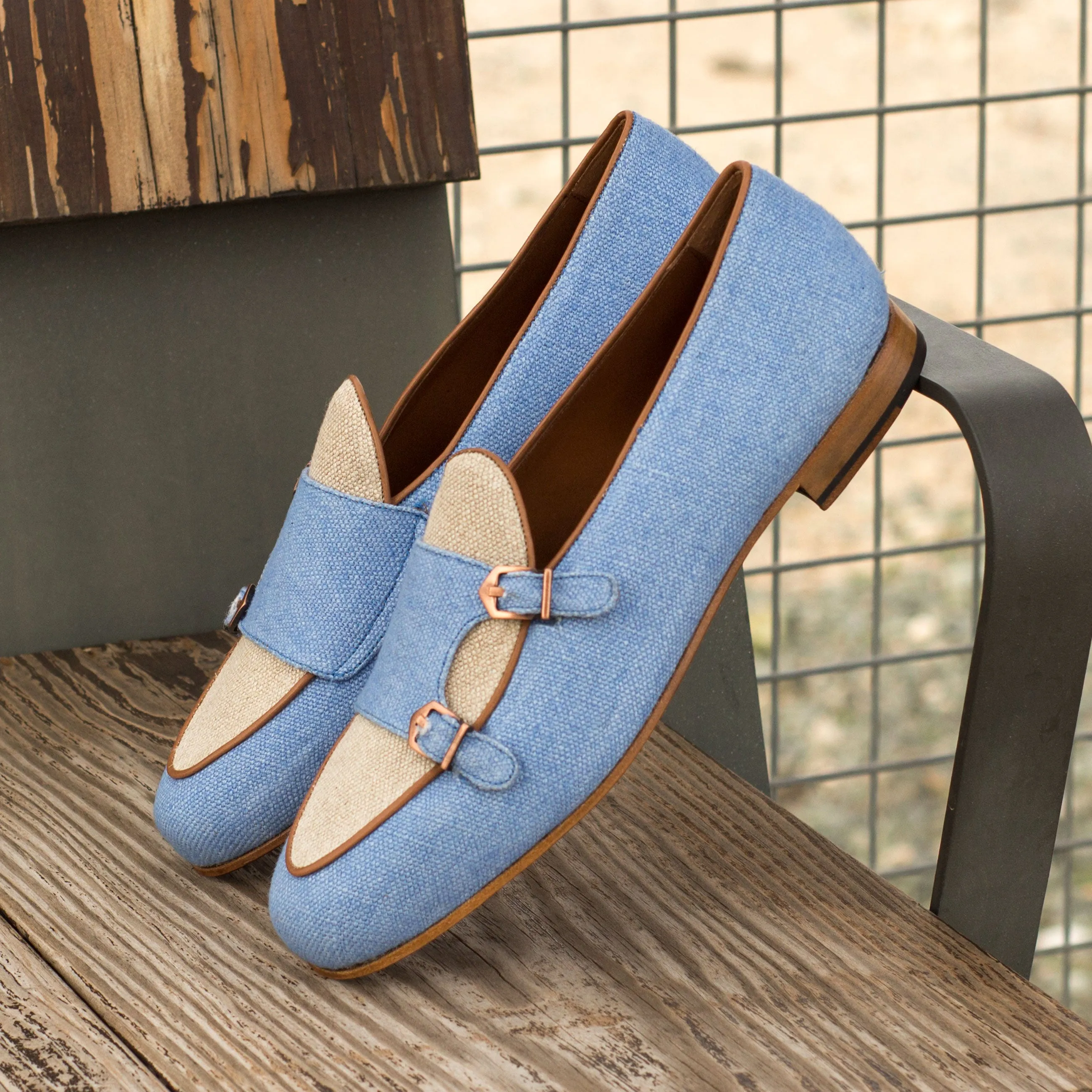 DapperFam Rialto in Blue / Ice / Med Brown Men's Linen & Italian Leather Monk Slipper