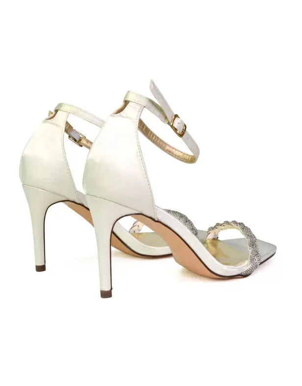 Peyton Diamante Strappy Party Square Toe Mid High Heel Stiletto Sandals in Ivory