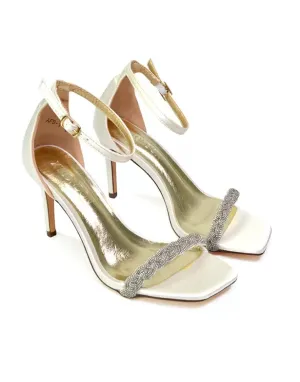 Peyton Diamante Strappy Party Square Toe Mid High Heel Stiletto Sandals in Ivory