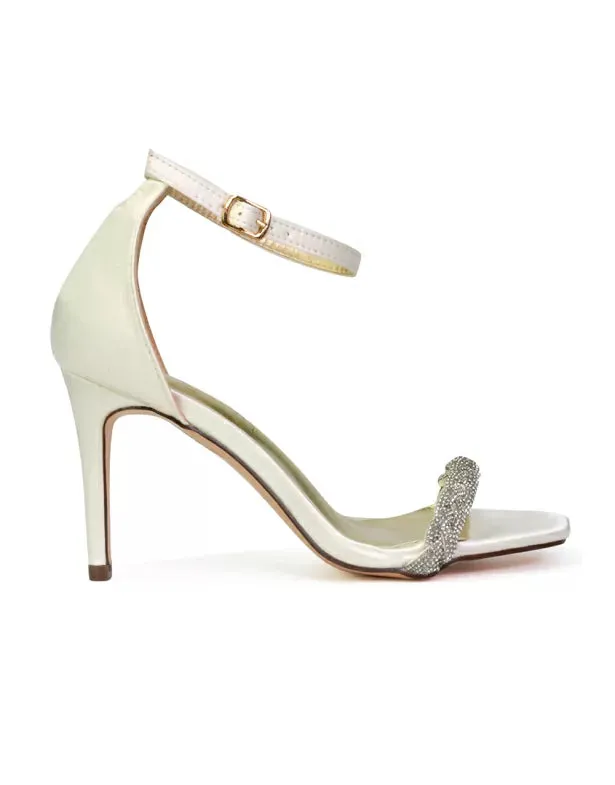 Peyton Diamante Strappy Party Square Toe Mid High Heel Stiletto Sandals in Ivory