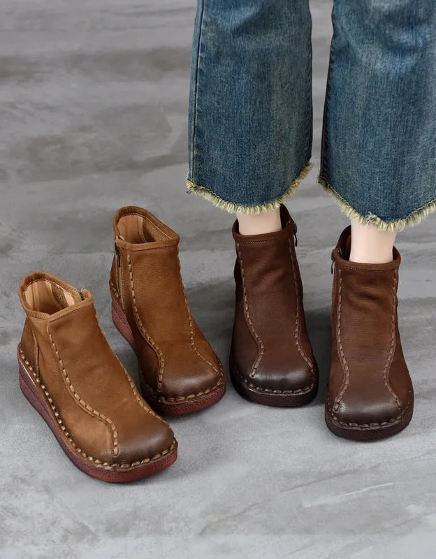 Round Top Wedge Heel Handmade Retro Boots