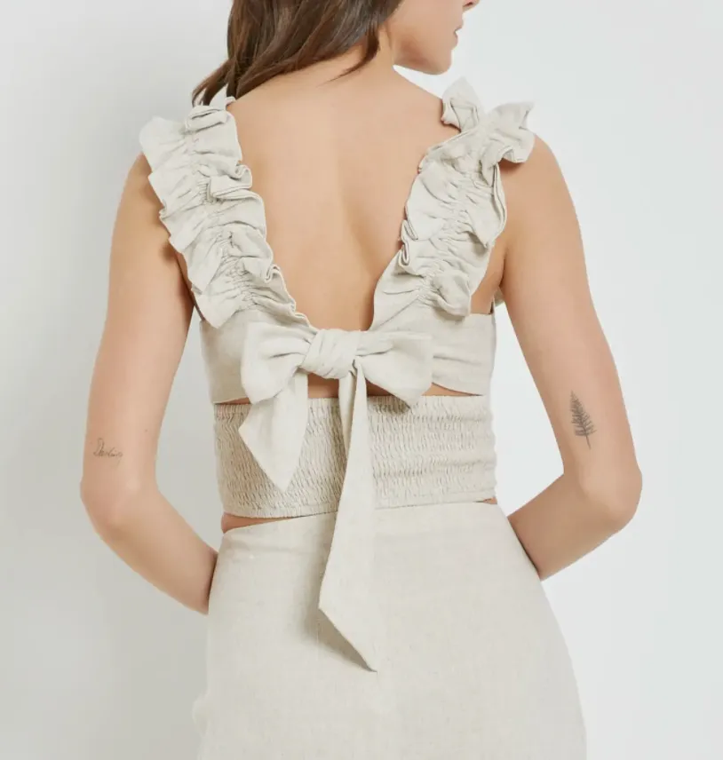Smocked Ruffle Tie Back Crop Top