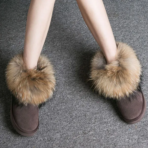 Women Genuine Leather Fox Fur Winter Snow Boots