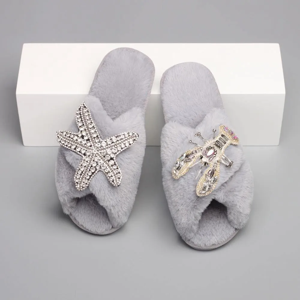 Women's Furry Slippers W/ Starfish Lobster Detail